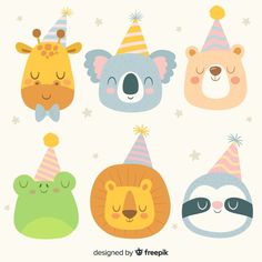 four cute animals wearing party hats