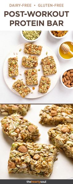 two pictures showing different types of granola bars with nuts and honey on top, one is