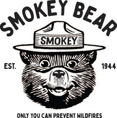 the smokey bear logo is shown in black and white, with an image of a bear wearing a fireman's hat