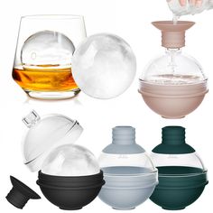 several different types of ice balls and wine glasses