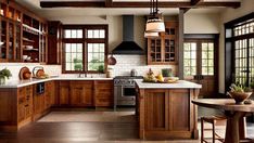 a kitchen filled with lots of wooden cabinets and counter top space next to a dining room table