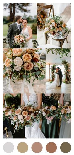 a collage of wedding photos with flowers and greenery in shades of brown, green,