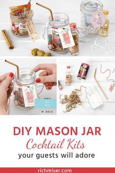 diy mason jar cocktail kits with text that reads diy mason jar cocktail kits your guests will adore