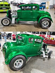 two pictures of an old green car in a showroom