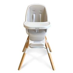 a white high chair with wooden legs on a white background, it is designed to look like a child's highchair