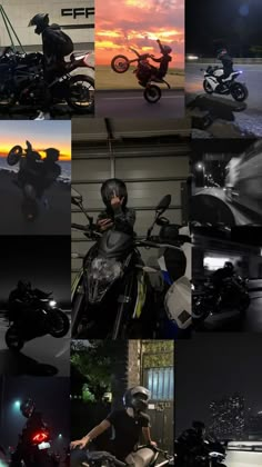 a collage of photos showing motorcycles and their riders at night, with the sun setting in the background