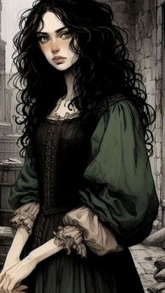 a drawing of a woman with long black hair wearing a green dress and holding her hand out