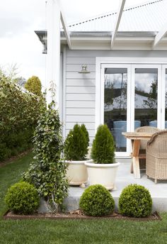 an outdoor patio with potted plants and chairs on the grass next to a table