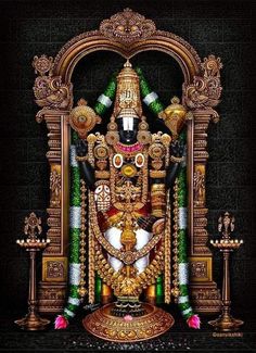 an idol is displayed in front of a black background with gold trimmings and decorations