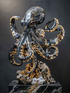 an octopus sculpture sitting on top of a rock