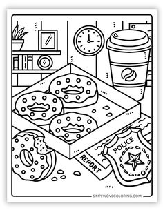 a black and white coloring page with donuts, coffee, and doughnuts