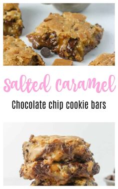 salted caramel chocolate chip cookie bars are stacked on top of each other with the words salted caramel above them