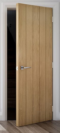 an open wooden door in a white room