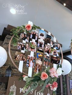 a photo collage hanging from the ceiling with flowers and balloons in front of it