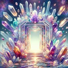 an open door to another world surrounded by crystals