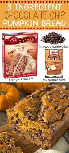 chocolate chip pumpkin bread recipe with text overlay