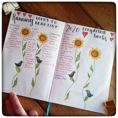 a hand holding an open notebook with writing on it and drawings of sunflowers