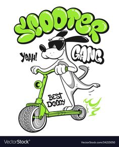 a cartoon dog riding a green scooter