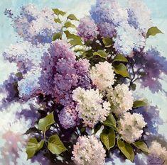 a painting of purple and white flowers in a vase