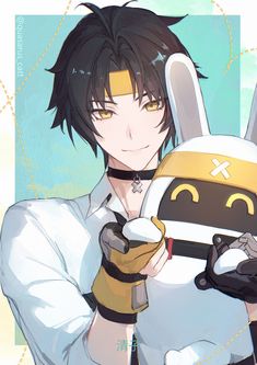 an anime character holding a stuffed animal in his hands