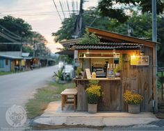 a small wooden building sitting on the side of a road next to a street light