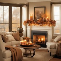 a living room filled with furniture and a fire place in front of a fireplace covered in candles