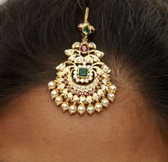 22 Karat Gold Maang Tikka with Cz, Ruby , Emerald & Japanese Pearls - Papidi Billa - 235-GT364 - in 12.500 Grams for USD $1052.99. 
Made in India by Totaram Jewelers Online this product is in Gold - 22 Karat BIS Hallmark 916 KDM Gold  & is an excellent gift for Adult - Women. Ships fully insured with secured guaranteed delivery for free with your order over $250 from New Jersey USA & comes with 30 days exchange policy. Papad Billa Designs Gold, Papita Billa Designs Gold Latest, Papadibilla Designs Gold, Diamond Papidi Billa, Papati Billa Designs Gold Latest, Papada Billa Designs Gold, Papadi Billa Designs Gold Latest, Papati Billa Designs Gold, Papidi Billa Gold Designs Latest