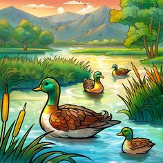 two ducks are swimming in the water near some reeds and trees, with mountains in the background