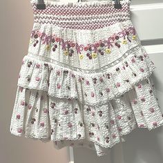 Tiered With Smoked Waist. Beautiful Embroidery And Crochet Detail. Perfect Condition, Worn One Time. Crochet Details, Beautiful Embroidery, One Time, Mini Skirt, Womens Skirt, Color White, Mini Skirts, Embroidery, Skirt