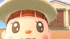 an animal crossing character in front of a house with a hat on and eyes wide open