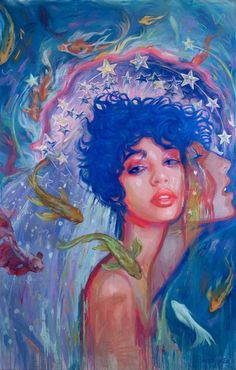 a painting of a woman with blue hair and stars on her head, surrounded by fish