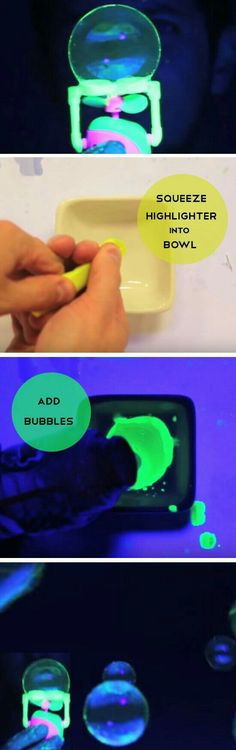 three different images show the process of making soap bubbles with neon colors and glows