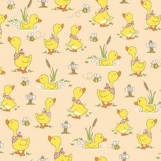 yellow rubber ducks and bees on pink background with grass, flowers and beehive