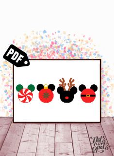 the mickey mouse cross stitch pattern is displayed in front of a white background with colorful sprinkles