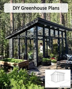 an image of a greenhouse in the woods with text overlay that reads diy greenhouse plans