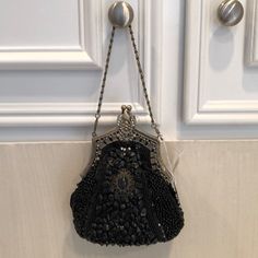 No Label 1handle Beaded Evening Bag With Removable Strap Beaded Top Handle Evening Shoulder Bag, Beaded Top Handle Shoulder Bag For Evening, Beaded Evening Shoulder Bag With Top Handle, Evening Beaded Top Handle Shoulder Bag, Elegant Black Beaded Bags, Evening Top Handle Bag With Beaded Details, Black Handheld Evening Bag, Evening Rectangular Bags With Black Beads, Embellished Black Clutch Bag