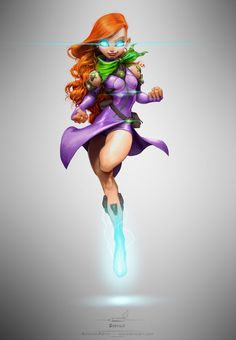 a woman with red hair wearing a purple outfit and green scarf flying through the air