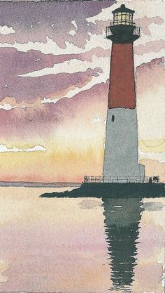 a watercolor painting of a lighthouse at sunset