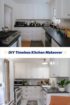 before and after pictures of a kitchen remodel in white with black countertops