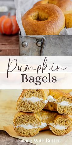 pumpkin bagels stacked on top of each other with the title overlaying it