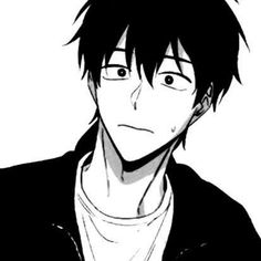 an anime character with black hair and glasses on his face, looking at the camera