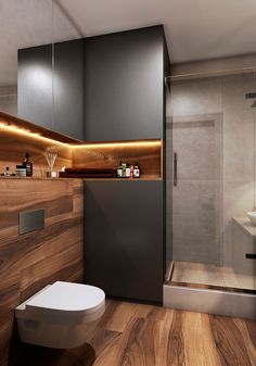 a modern bathroom with wooden flooring and walls