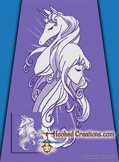 a cross stitch unicorn with long hair on it's head is shown in purple