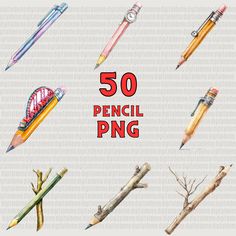 pencils and pens with the words 50 pencil png on them in red lettering