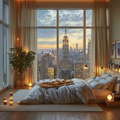 a bedroom with a large window overlooking the city