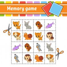 a memory game with animals and scissors for children to learn how to use the puzzle