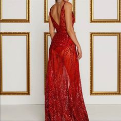 Panty For Dress Is Available Too Red Backless Evening Dress, Red V-neck Evening Dress For Night Out, Red Sequin Gown For Red Carpet, Red Backless Evening Dress For Gala, Red Floor-length Evening Dress For Red Carpet, Red Backless Evening Dress For Wedding, Red Backless Wedding Gown, Red Sequin Sleeveless Gown, Glamorous V-neck Evening Dress For Red Carpet