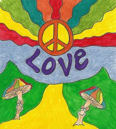 a drawing of two people holding hands with the word love painted on them in front of a peace sign