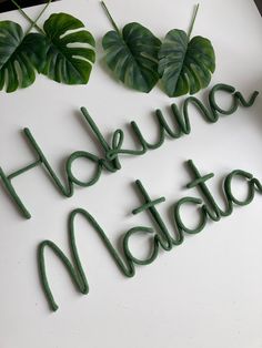 the words hakunu matato are made out of green string and some leaves