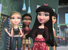 three cartoon dolls are standing next to each other in front of a wall with jewelry on it